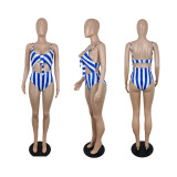 Ladies Summer Fashion Stripe Print One Piece Swimsuit