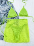 Solid Hollow Out Mesh Cover Up Skirt Three-Piece Bikini Sexy Swimsuit