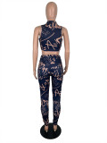 Women Sexy Letter Print Sleeveless Crop Top and Pant Two-Piece Set
