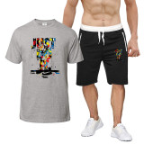 Men's Summer Print Round Neck Short Sleeve T-Shirt and Shorts Two-Piece Set