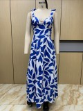 Spring Women's Fashion Chic High Waisted Straps Printed Long Dress