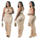 Plus Size Women Solid Pleated Cutout Sexy Crop Top and Skirt Two-Piece Set