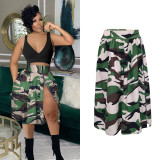 Women Casual Camouflage Print Zip Slit Skirt