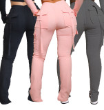 Women Pocket Drawstring Belt Slit Pant