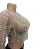 Women Solid mesh Beaded Beaded Long Sleeve Top