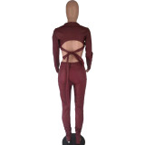 Women Solidpu Leather Long Sleeve Top And Pant Two-Piece Set