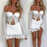 Summer Women Sexy Off Shoulder Long Sleeve Lace-Up Sexy Irregular Top and Short Skirt Two-piece Set