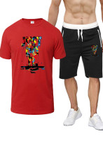 Conjunto de dos piezas de camiseta y pantalones cortos de manga corta con cuello redondo y estampado de verano para hombre