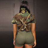 Women Casual Camouflage Print Pocket Turndown Collar Short Sleeve Jacket