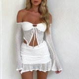 Summer Women Sexy Off Shoulder Long Sleeve Lace-Up Sexy Irregular Top and Short Skirt Two-piece Set