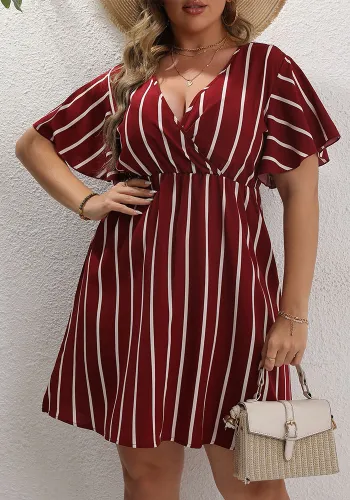 Plus Size Women Striped V-Neck Short Sleeve Loose Bohemian Dress