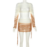 Summer Women Gradient Slim Long Sleeve Crop Top and High Waist Drawstring Skirt Two-piece Set
