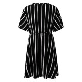 Plus Size Women Striped V-Neck Short Sleeve Loose Bohemian Dress
