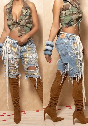 Women Colorful Hand Print Ripped Denim Shorts