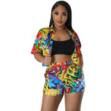Summer Women Casual Print Short Sleeve Top and Shorts Two-Piece Set