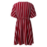 Plus Size Women Striped V-Neck Short Sleeve Loose Bohemian Dress