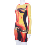 Women Summer Round Neck Long Sleeve Body Print Dress