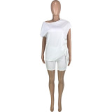 Women Casual Solid Side Pleated Oversized T-Shirt And Shorts Two-Piece Set