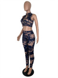 Women Sexy Letter Print Sleeveless Crop Top and Pant Two-Piece Set