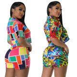 Summer Women Casual Print Short Sleeve Top and Shorts Two-Piece Set