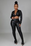 Women Solidpu Leather Long Sleeve Top And Pant Two-Piece Set