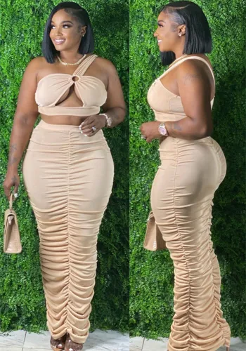 Plus Size Women Solid Pleated Cutout Sexy Crop Top and Skirt Two-Piece Set