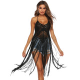 Women's Sheer Hook Sexy Halter Neck Lace-Up Cutout Long Tassel Solid Color Beach Cover Up
