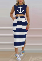 Women's Fashion Sleeveless Tank Top Print Slit Skirt Slit Two-Piece Set