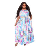 Plus Size Fashion Casual Suit Ladies Fat Girl Tie-Dye Lace-Up Casual Swing Dress