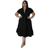 Plus Size Women's Solid Turndown Collar Half Cardigan Top Trendy Lace-Up Pleated Dress