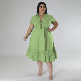 Plus Size Women's Solid Turndown Collar Half Cardigan Top Trendy Lace-Up Pleated Dress