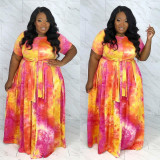 Plus Size Fashion Casual Suit Ladies Fat Girl Tie-Dye Lace-Up Casual Swing Dress
