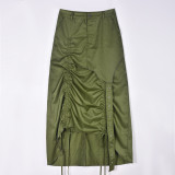 Women's Fashion Style Pocket Slit Tassel Drawstring Pleated Skirt