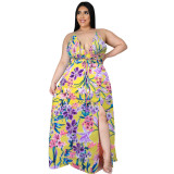 Women's Bohemian Floral Dress Low Back Slit Deep v Plus Size Maxi Dress