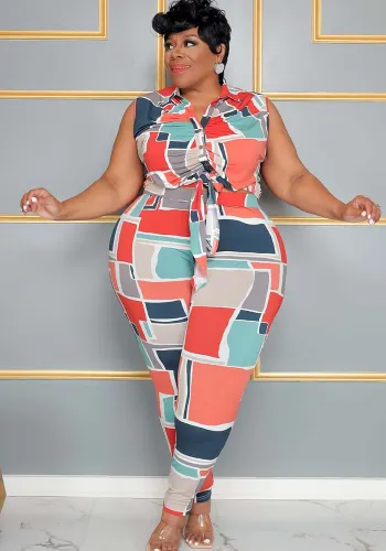 Plus Size Multi-Color Graphic-Print Slim Fit Two-Piece Set