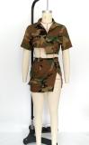 Women Camouflage Pocket Irregular Top and Skirt Two-Piece Set