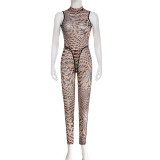 Mesh star print sexy hollow Low Back pullover jumpsuit pencil Tight Pants two-piece set