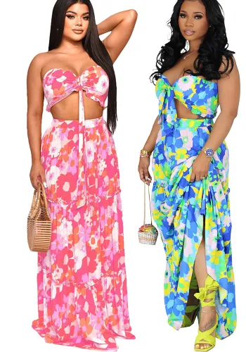 Ladies Fashion Printed Strapless Oversized Two-Piece Dress