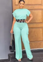 Casual Women's Short Sleeve Top Summer Solid Color Versatile Loose Straight Leg Trousers Two-Piece Set