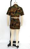 Women Camouflage Pocket Irregular Top and Skirt Two-Piece Set