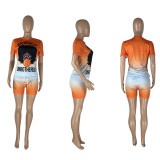 Women's Style Print Ombre Round Neck T-Shirt Shorts Two-Piece Set