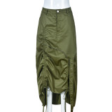 Women's Fashion Style Pocket Slit Tassel Drawstring Pleated Skirt