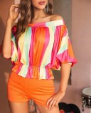 Summer Women's Pleated Off-The-Shoulder Loose Top Bat Sleeves Short-Sleeved T-Shirt