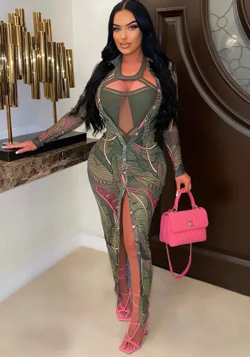 Summer Women's Sexy Mesh Print See-Through Long-Sleeved Dress For Women