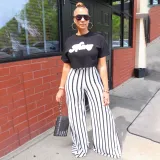 Women's Striped Print Loose Wide Leg Pants Straight High Waist Slim Fit Casual Pants