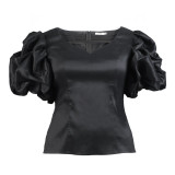 Fashion V-Neck Lantern Sleeve Short Top Casual Slim Waist Slim Fit Women's T-Shirt