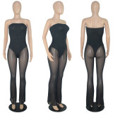 Women's Fashion Sexy Strapless Tight Fitting Wide Leg Mesh Jumpsuit