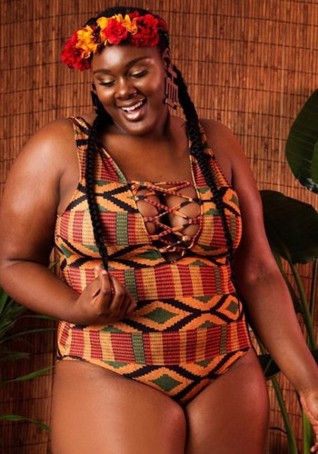 African Print One-Piece Lace-Up Plus Size Swimsuit