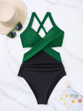 Color Contrast Hollow Low Back Sexy One-Piece Swimsuit For Women