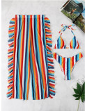 Sexy Stripes Print Two Piece Bikini Swimwear Ruffled Pants Three-Piece Swimsuit